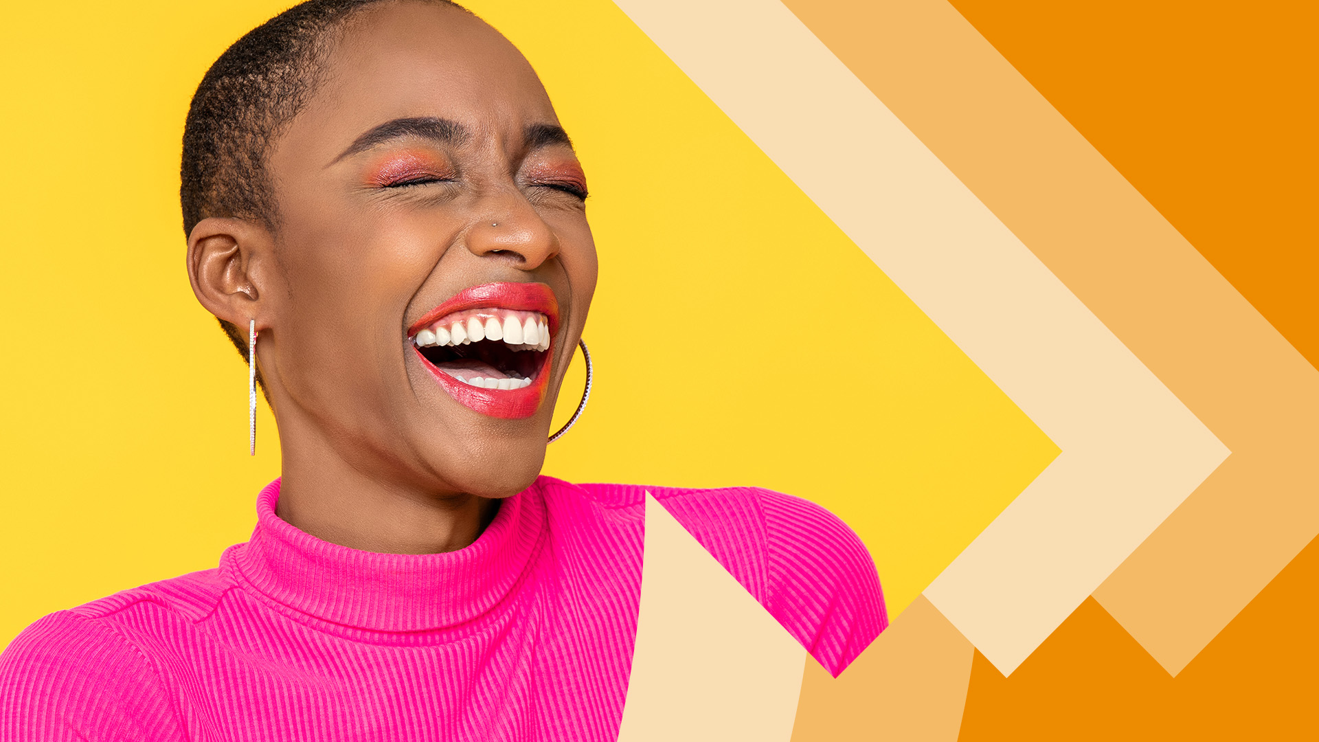 Level Up graphic of a laughing woman on a yellow-orange background.