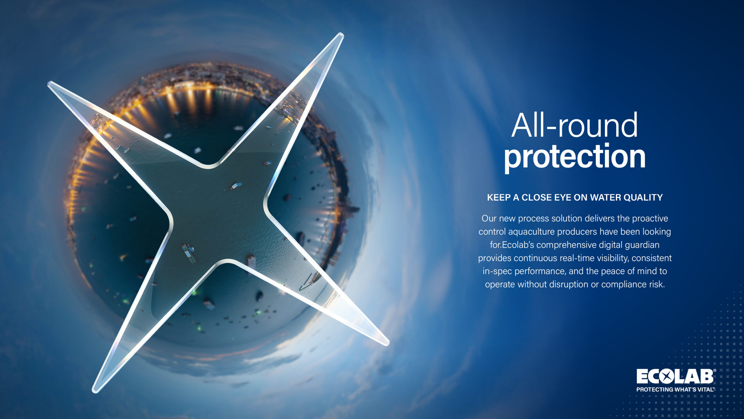 An Ecolab promotional graphic. On the left, a translucent four-pointed Ecolab star icon overlays a spherical, 360-degree aerial photo of a coastal harbour at dusk with city lights and boats. On the right, white text on a dark blue background reads 'All-round protection' above 'KEEP A CLOSE EYE ON WATER QUALITY' and a short paragraph detailing digital water monitoring solutions for aquaculture producers, with the Ecolab logo in the bottom-right corner.