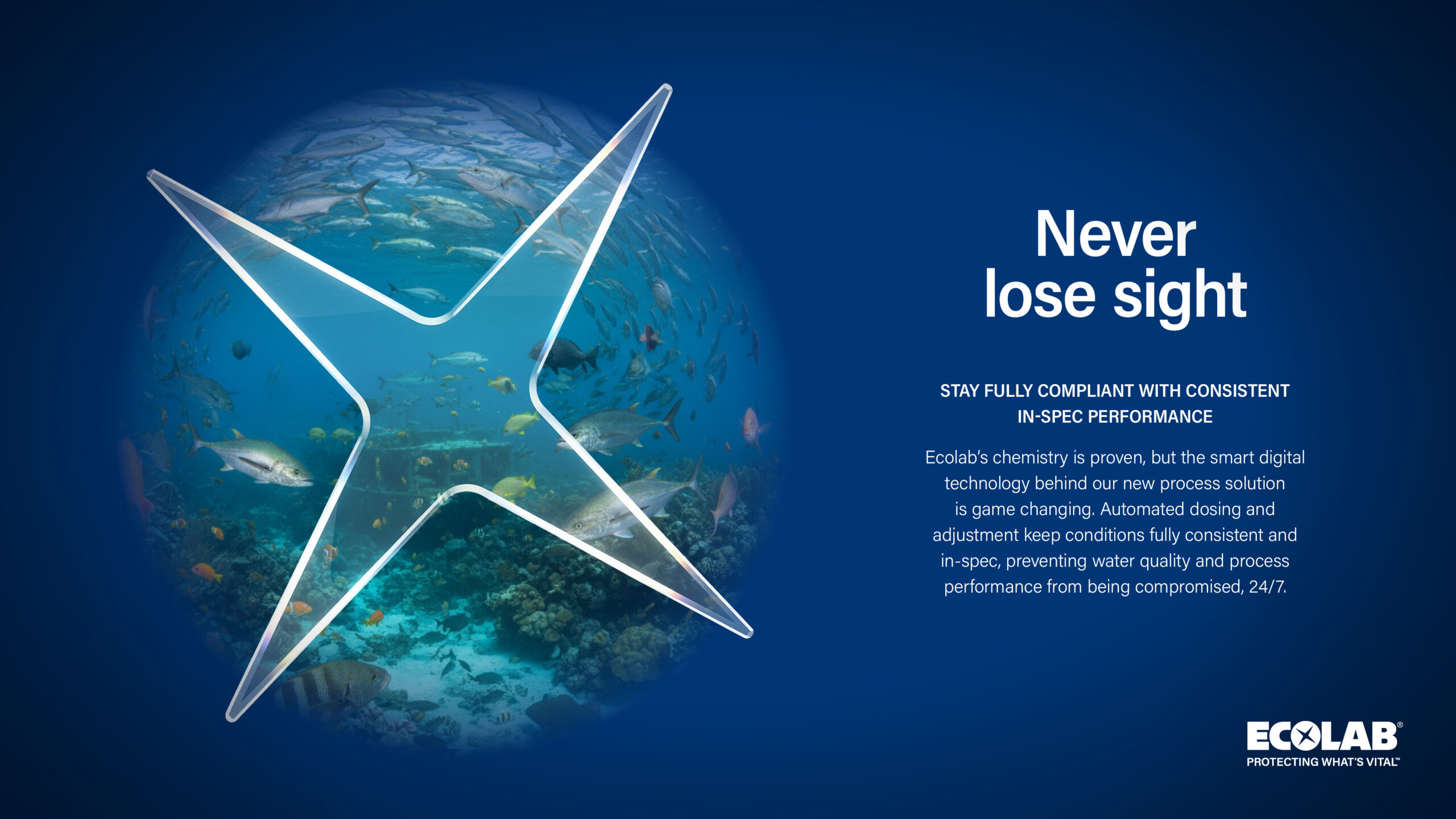 An Ecolab graphic featuring a circular underwater photo on the left showing a school of fish swimming near a reef, overlaid with a translucent four-pointed Ecolab star icon. On the right, white text on a dark blue background reads 'Never lose sight' above 'STAY FULLY COMPLIANT WITH CONSISTENT IN-SPEC PERFORMANCE' and a short paragraph detailing smart digital technology for 24/7 water quality control, with the Ecolab logo in the bottom-right corner.
