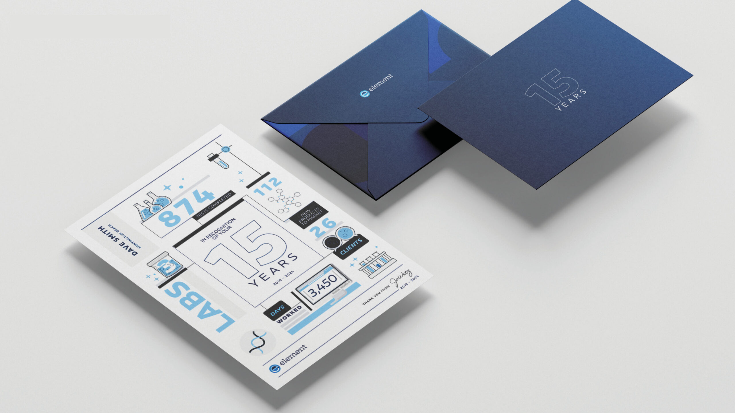 Stationery mockup for an Element 15-year employee tenure recognition award, featuring a navy envelope, a foil-stamped '15 YEARS' card, and a personalized infographic insert with career statistics for Dave Smith.