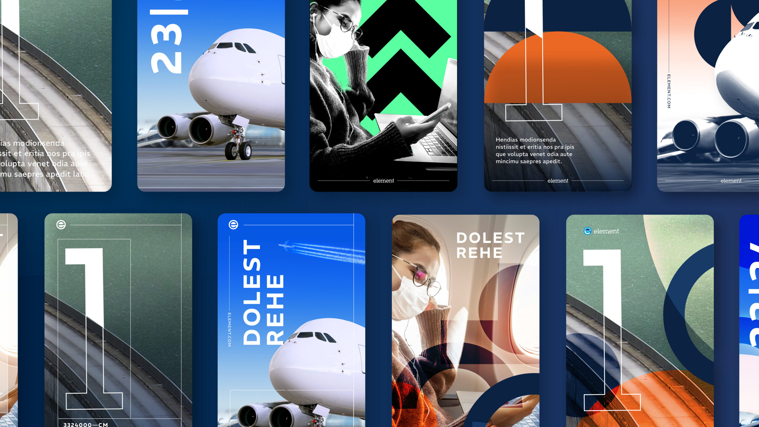 A collection of mobile social media story templates for Element, featuring aviation photos, passenger imagery, large numbers, and bold geometric overlays.