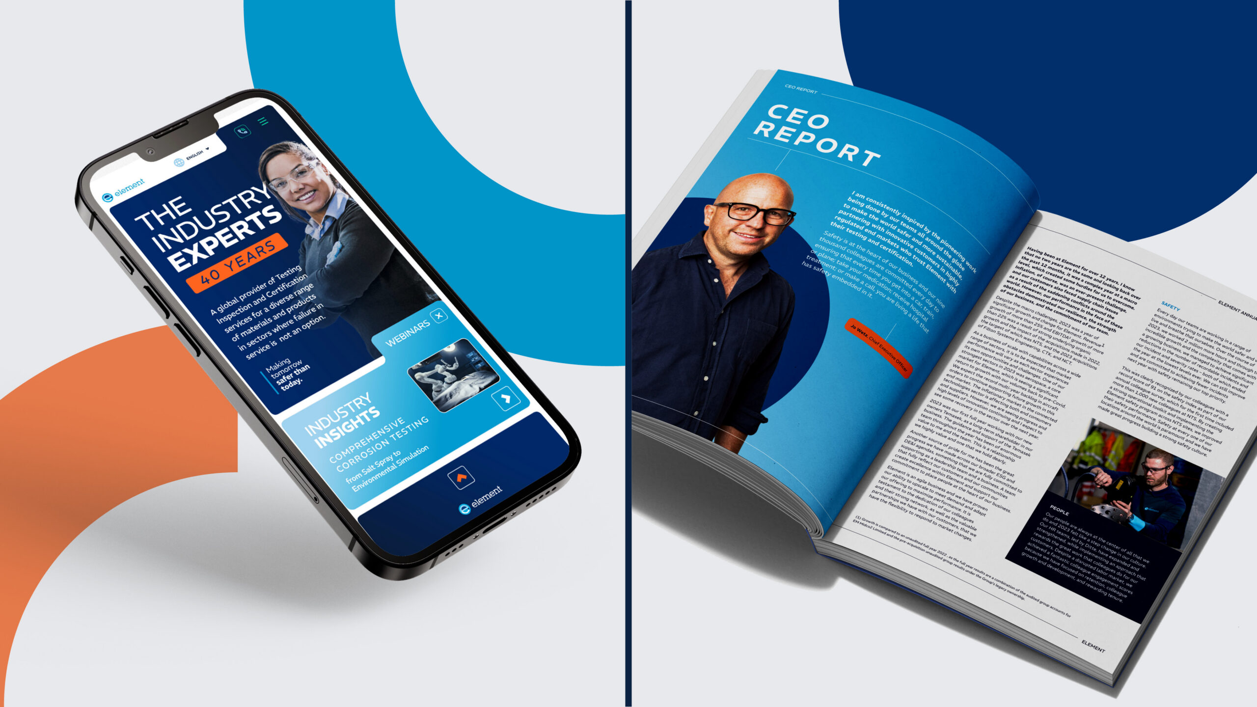 Side-by-side mockup of Element brand assets, featuring a smartphone displaying their mobile website home page on the left and an open annual report showing the 'CEO REPORT' spread on the right.