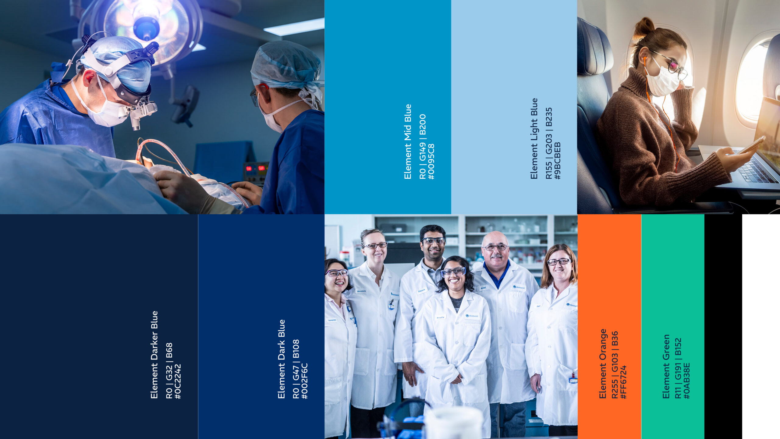 Brand identity layout for Element showcasing photography of surgeons, scientists, and an airplane passenger alongside brand coulor swatches in shades of blue, orange, and green.