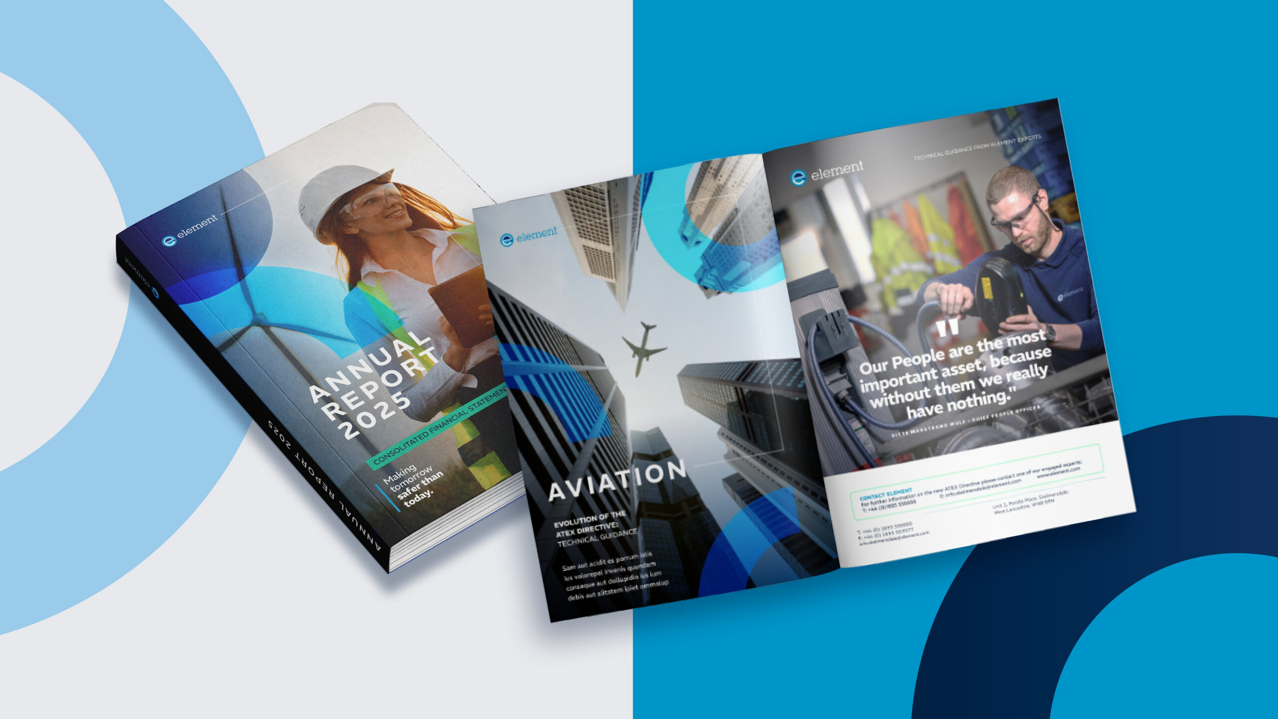 A mockup display of Element corporate publications against a split light-blue and dark-blue background with circular brand graphics. Left: A closed 'ANNUAL REPORT 2025' book featuring a female engineer in a hard hat and safety glasses with a wind turbine in the background, titled 'CONSOLIDATED FINANCIAL STATEMENTS'. Right: An open magazine spread. The left page is titled 'AVIATION' with a low-angle shot of skyscrapers and an airplane. The right page features a technician at work alongside the quote: 'Our People are the most important asset, because without them we really have nothing.'